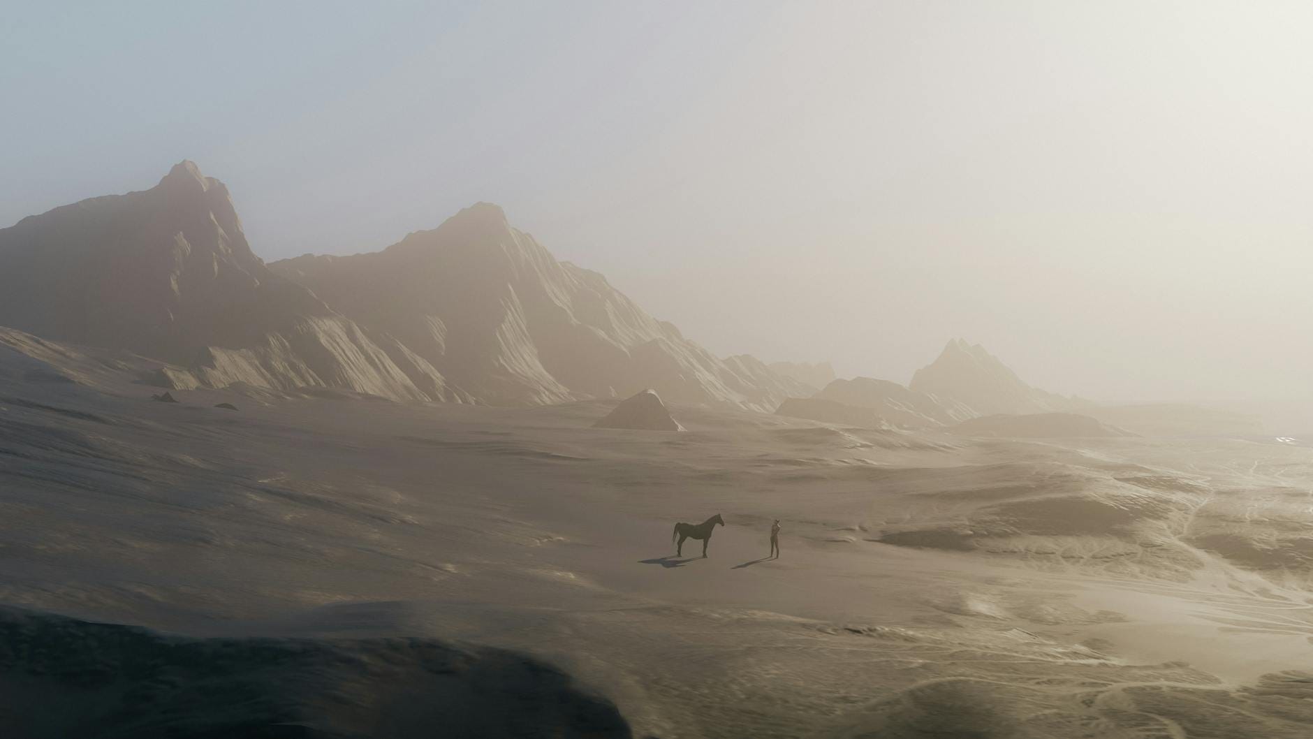 Sylwetka jeźdźca na pustynnym tle przypominającym Hyrule